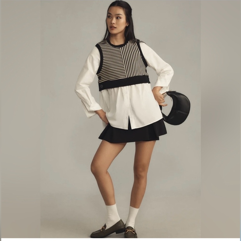 Maeve Black and White Geometric Twofer Blouse with Layered Sleeves